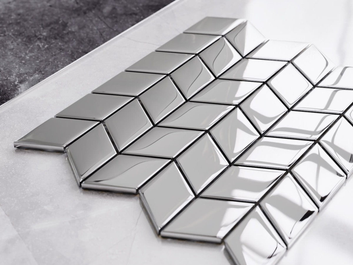 MOZAIKA SZKLANA CHEVRON ROMB SILVER SREBRNA CHROM METALIC – dekoracyjne do wnętrz – Szklane Mozaiki