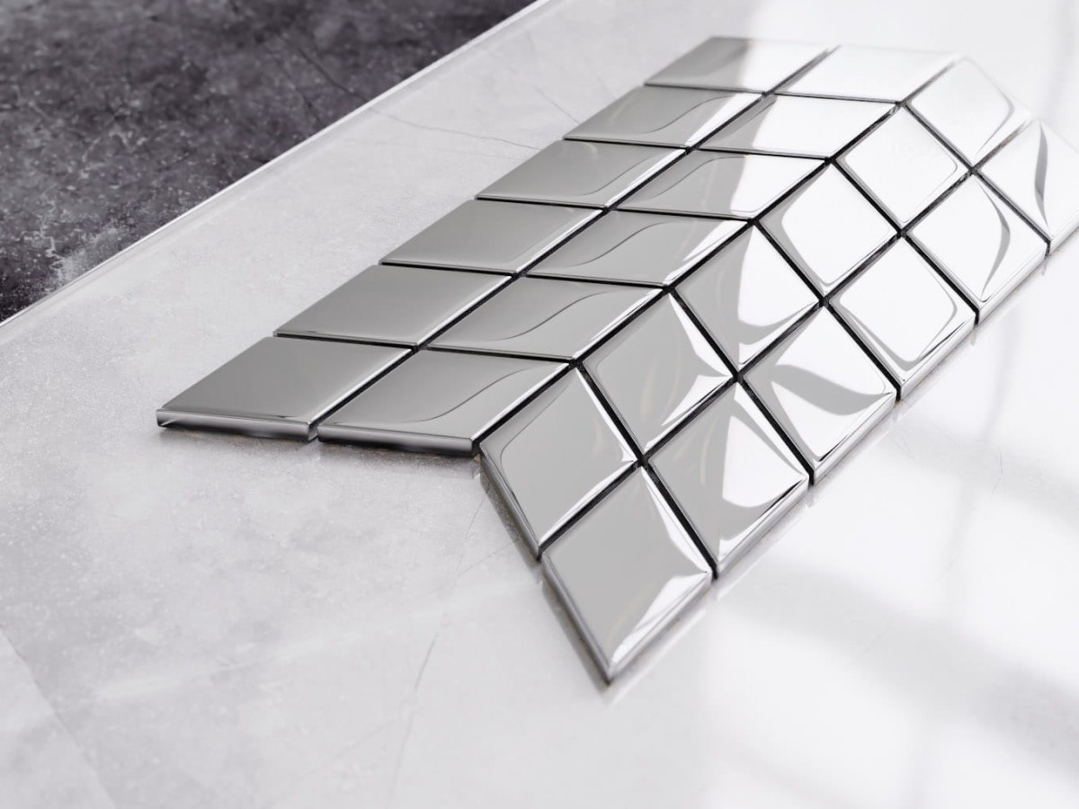 MOZAIKA SZKLANA DOUBLE CHEVRON ROMB SILVER SREBRNA CHROM METALIC – dekoracyjne do wnętrz – Szklane Mozaiki