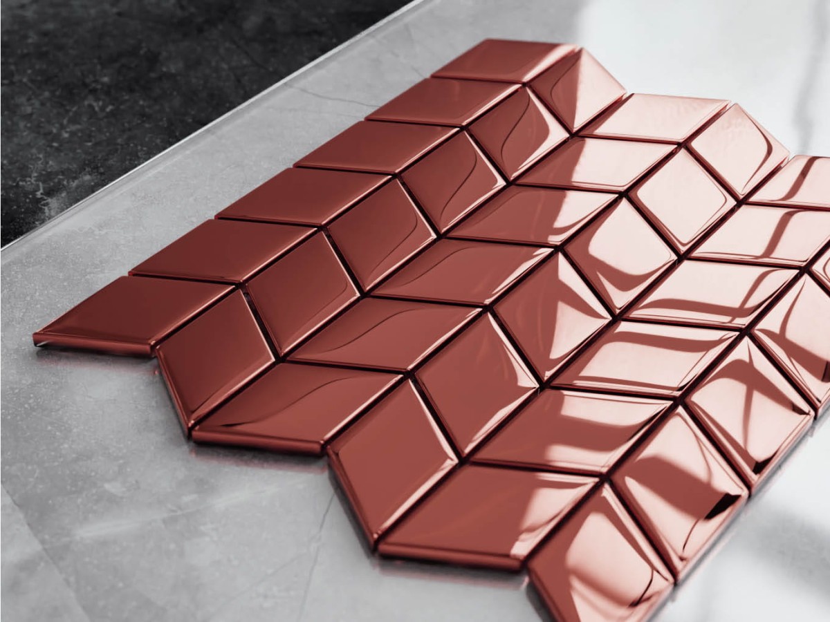 MOZAIKA SZKLANA CHEVRON ROMB COPPER ROSE METALIC – dekoracyjne do wnętrz – Szklane Mozaiki