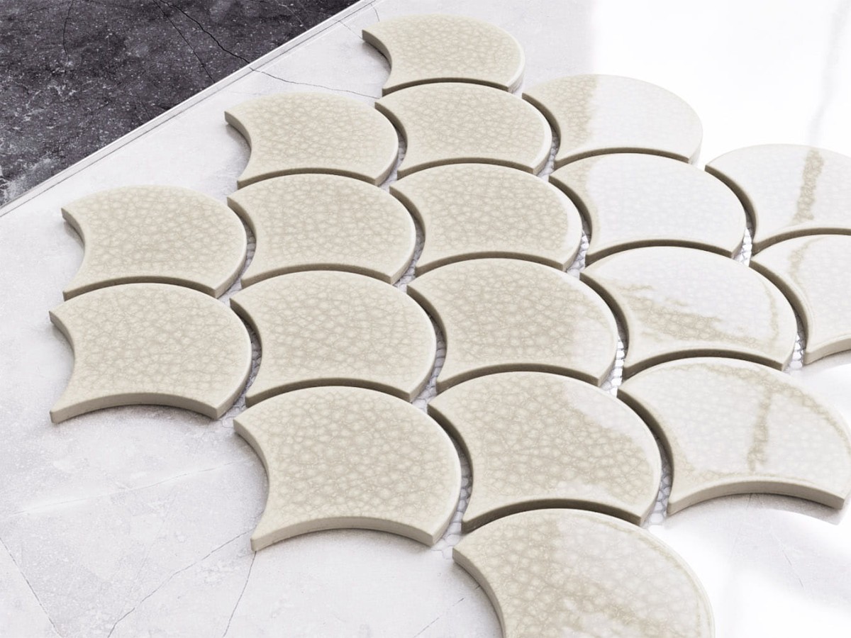 MOZAIKA CERAMICZNA FISH SCALE WHITE CREME – dekoracyjne do wnętrz – Szklane Mozaiki