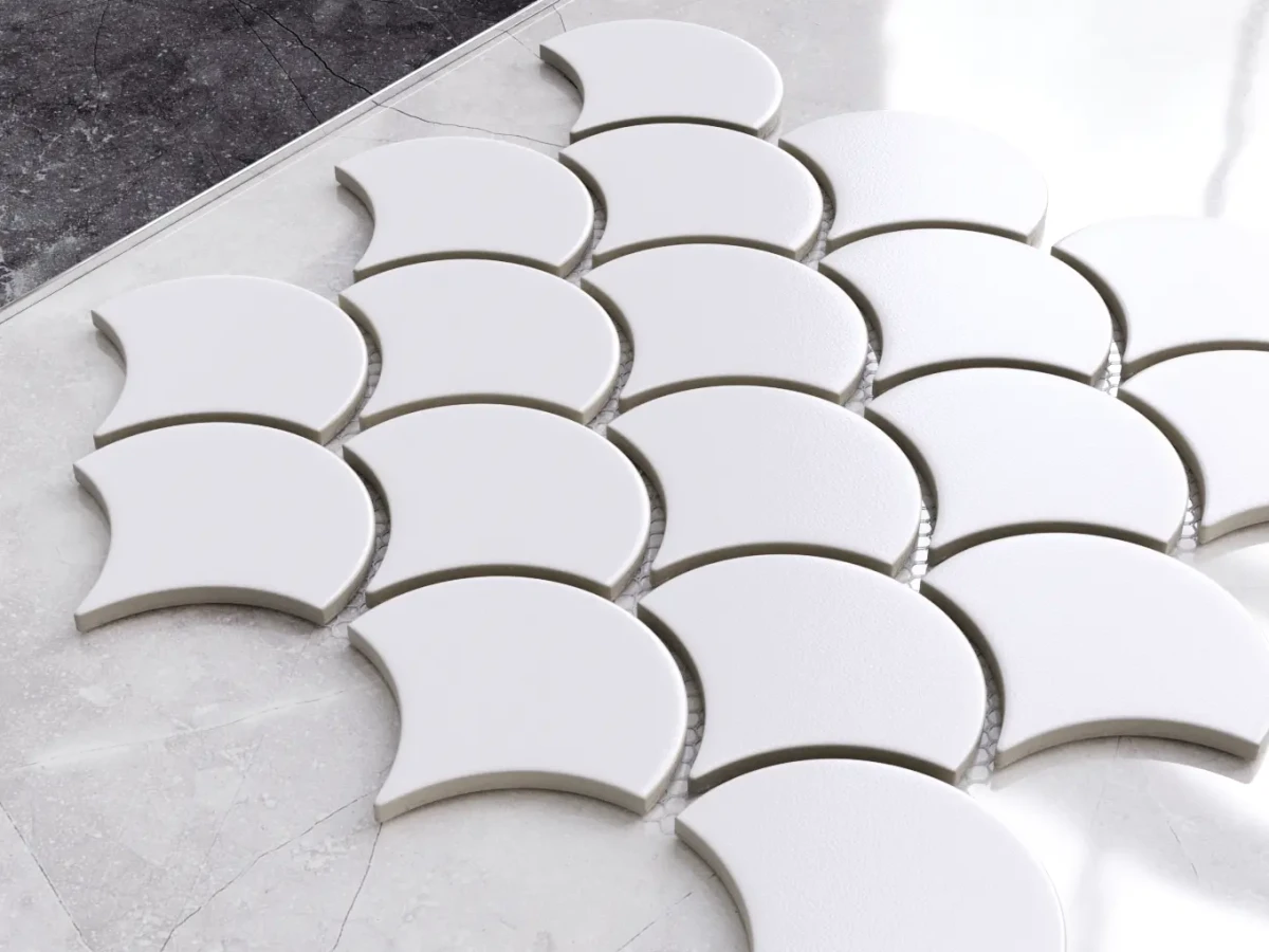 MOZAIKA CERAMICZNA FISH SCALE WHITE MAT – dekoracyjne do wnętrz – Szklane Mozaiki