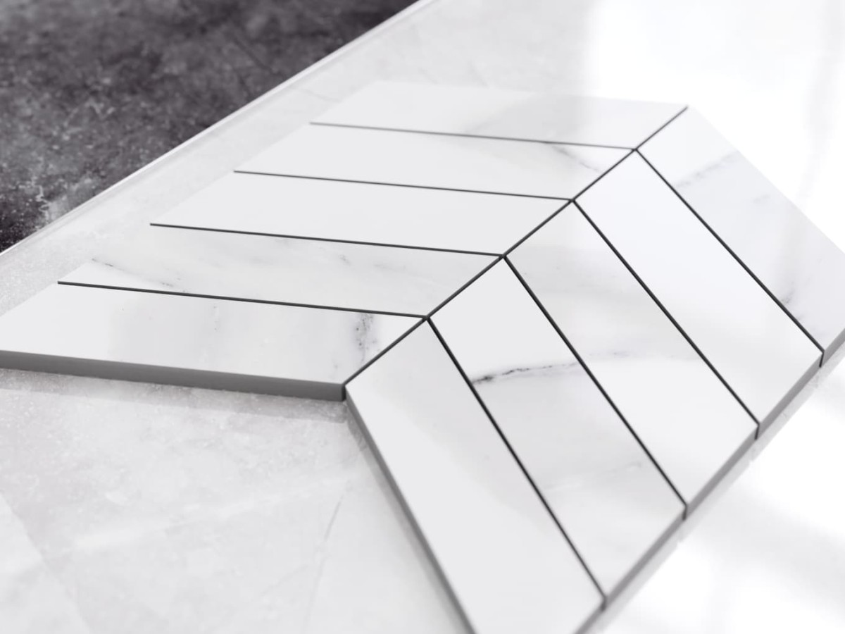 MOZAIKA GRESOWA CHEVRON JODEŁKA CARRARA WHITE – dekoracyjne do wnętrz – Szklane Mozaiki