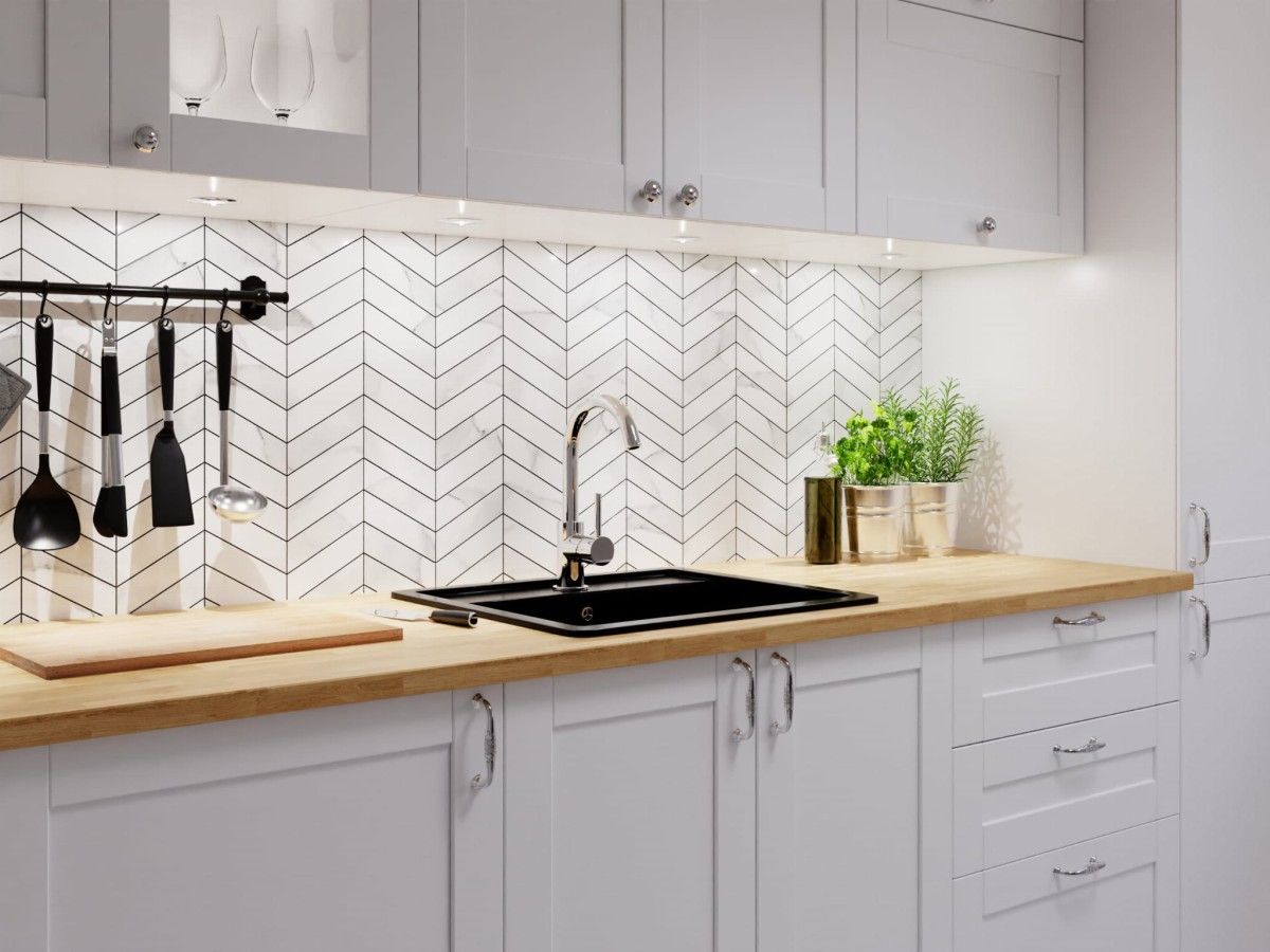 MOZAIKA GRESOWA CHEVRON JODEŁKA CARRARA WHITE – dekoracyjne do wnętrz – Szklane Mozaiki