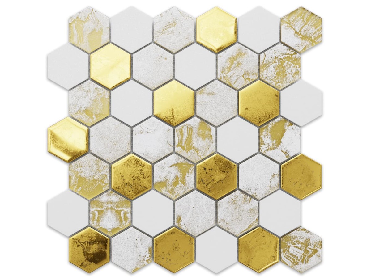 Mozaika ceramiczna Heksagon Volcano Gold White - szklanemozaiki.pl