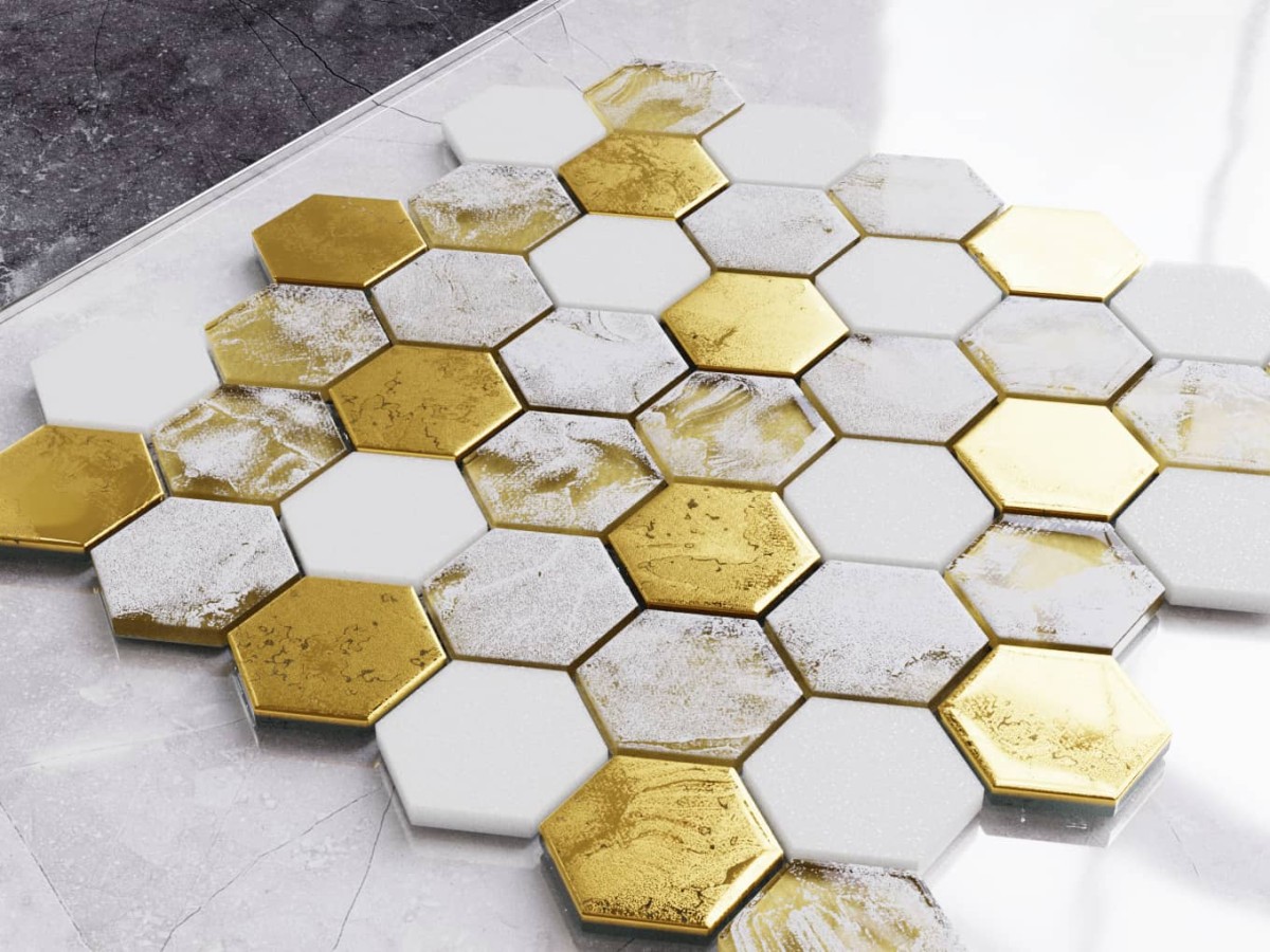 Mozaika ceramiczna Heksagon Volcano Gold White - szklanemozaiki.pl