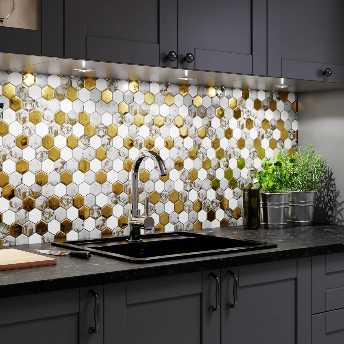 Mozaika ceramiczna Heksagon Volcano Gold White - szklanemozaiki.pl