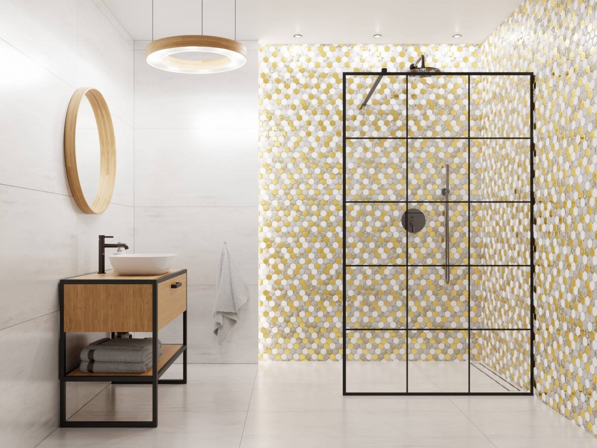 Mozaika ceramiczna Heksagon Volcano Gold White - szklanemozaiki.pl
