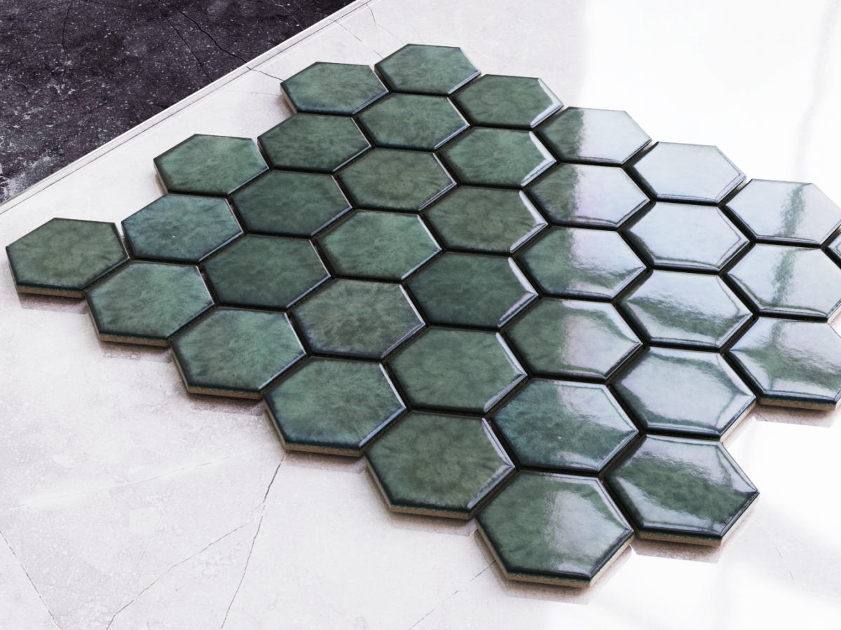 MOZAIKA CERAMICZNA HEKSAGON GREEN NORI  – dekoracyjne do wnętrz – Szklane Mozaiki