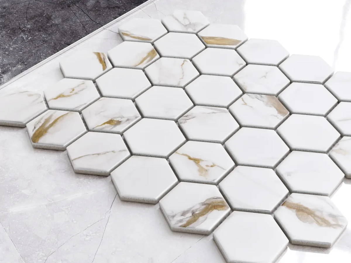 MOZAIKA CERAMICZNA HEKSAGON CARRARA GOLD – dekoracyjne do wnętrz – Szklane Mozaiki