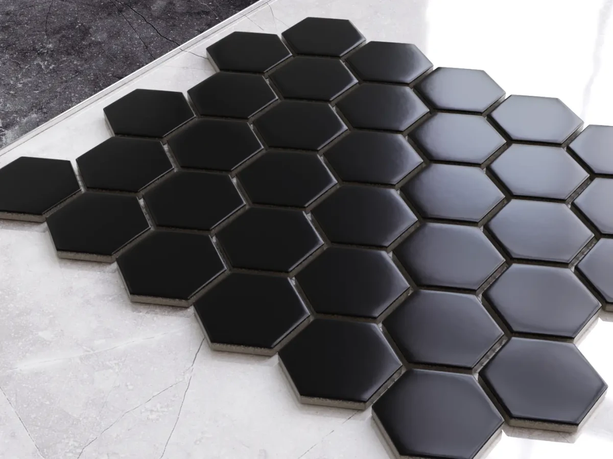 MOZAIKA CERAMICZNA HEKSAGON BLACK MATOWA – dekoracyjne do wnętrz – Szklane Mozaiki