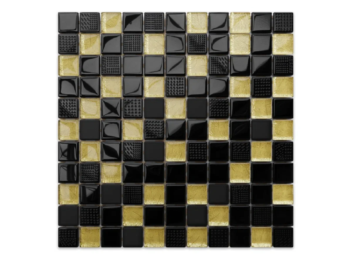 MOZAIKA SZKLANA NERO GOLDSTAR D'ORO 30x30cm 6mm – dekoracyjne do wnętrz – Szklane Mozaiki
