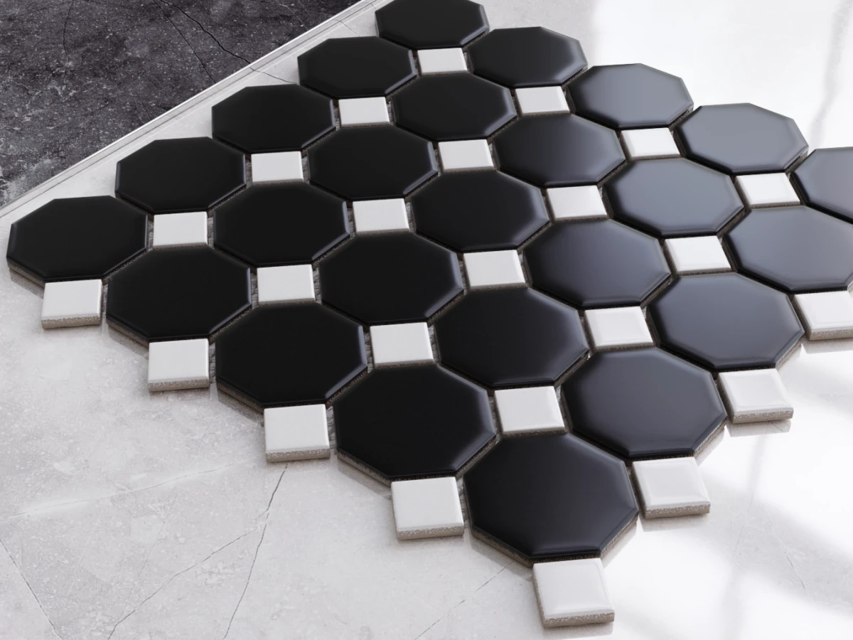 MOZAIKA CERAMICZNA OCTAGON BLACK CLASSIC MATOWA – dekoracyjne do wnętrz – Szklane Mozaiki