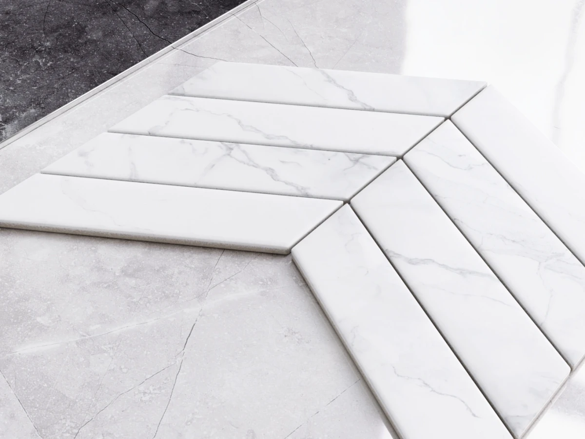 MOZAIKA CERAMICZNA BIG CHEVRON CARRARA MATOWA – dekoracyjne do wnętrz – Szklane Mozaiki