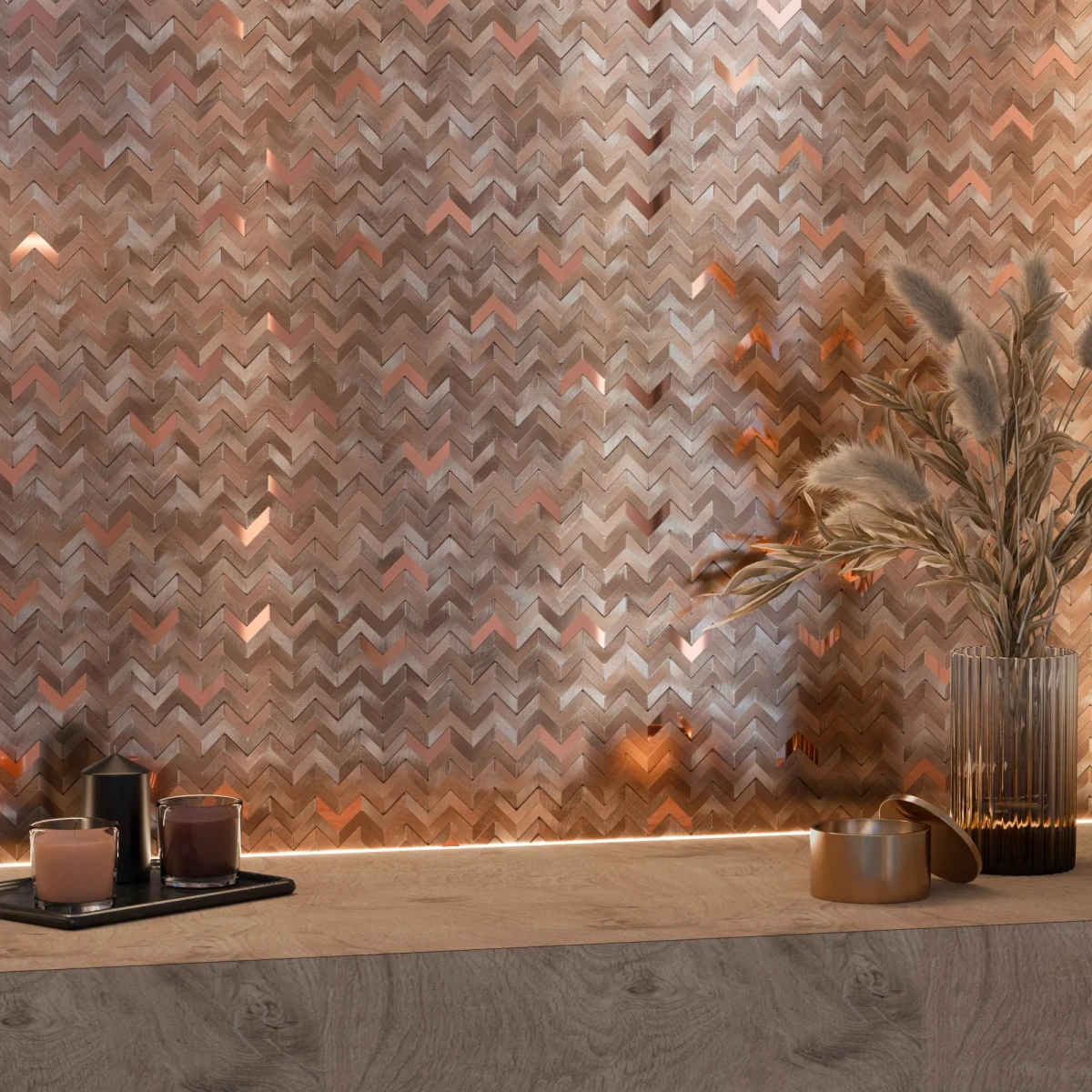 MOZAIKA METALIZOWANA ALU MINI CHEVRON COPPER BRUSH – dekoracyjne do wnętrz – Szklane Mozaiki