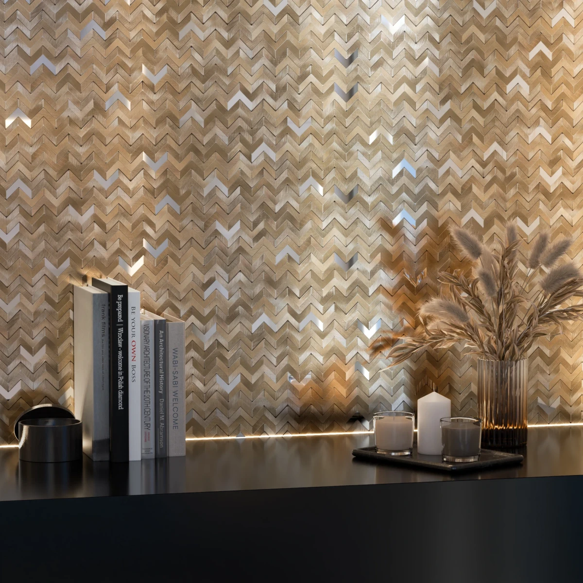 MOZAIKA METALIZOWANA ALU MINI CHEVRON GOLD BRUSH – dekoracyjne do wnętrz – Szklane Mozaiki