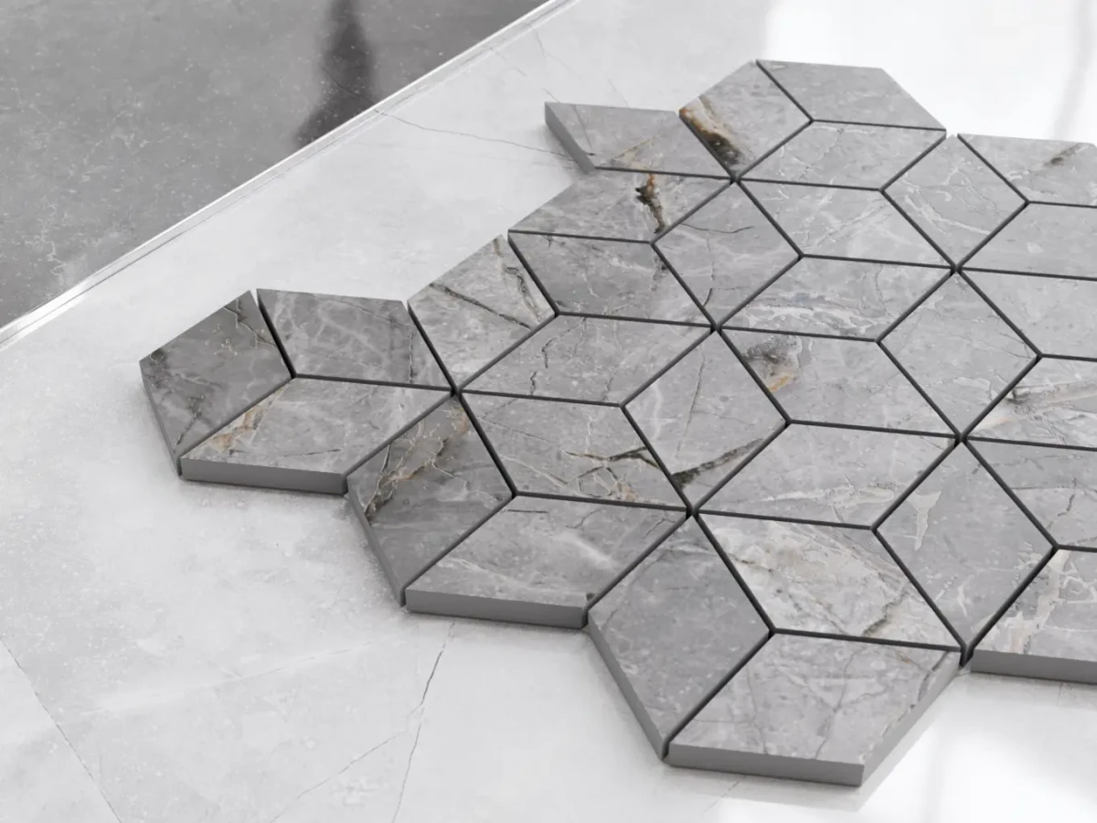 MOZAIKA GRESOWA DIAMOND ROMB LUX GREY CARVING – dekoracyjne do wnętrz – Szklane Mozaiki