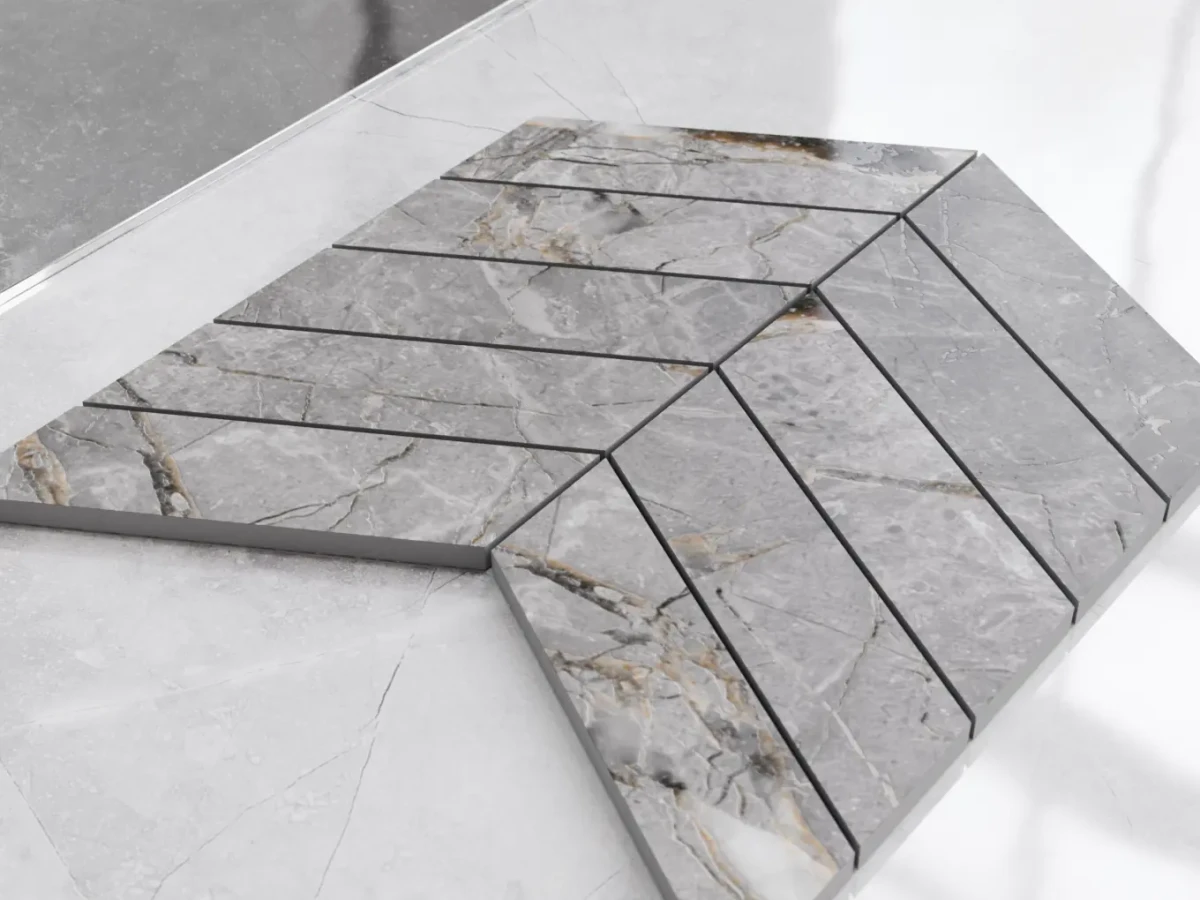 MOZAIKA GRESOWA CHEVRON JODEŁKA LUX GREY CARVING – dekoracyjne do wnętrz – Szklane Mozaiki