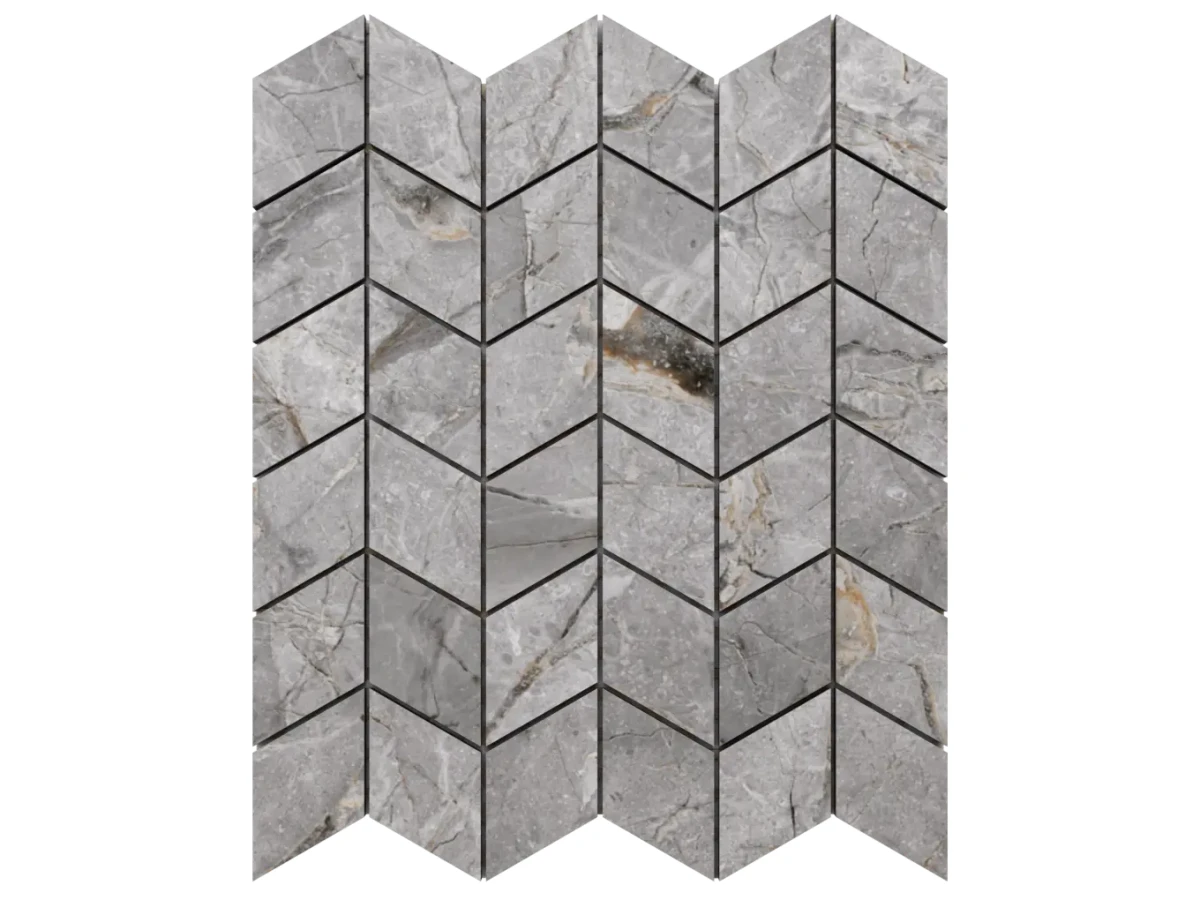 MOZAIKA GRESOWA CHEVRON ROMB LUX GREY CARVING – dekoracyjne do wnętrz – Szklane Mozaiki