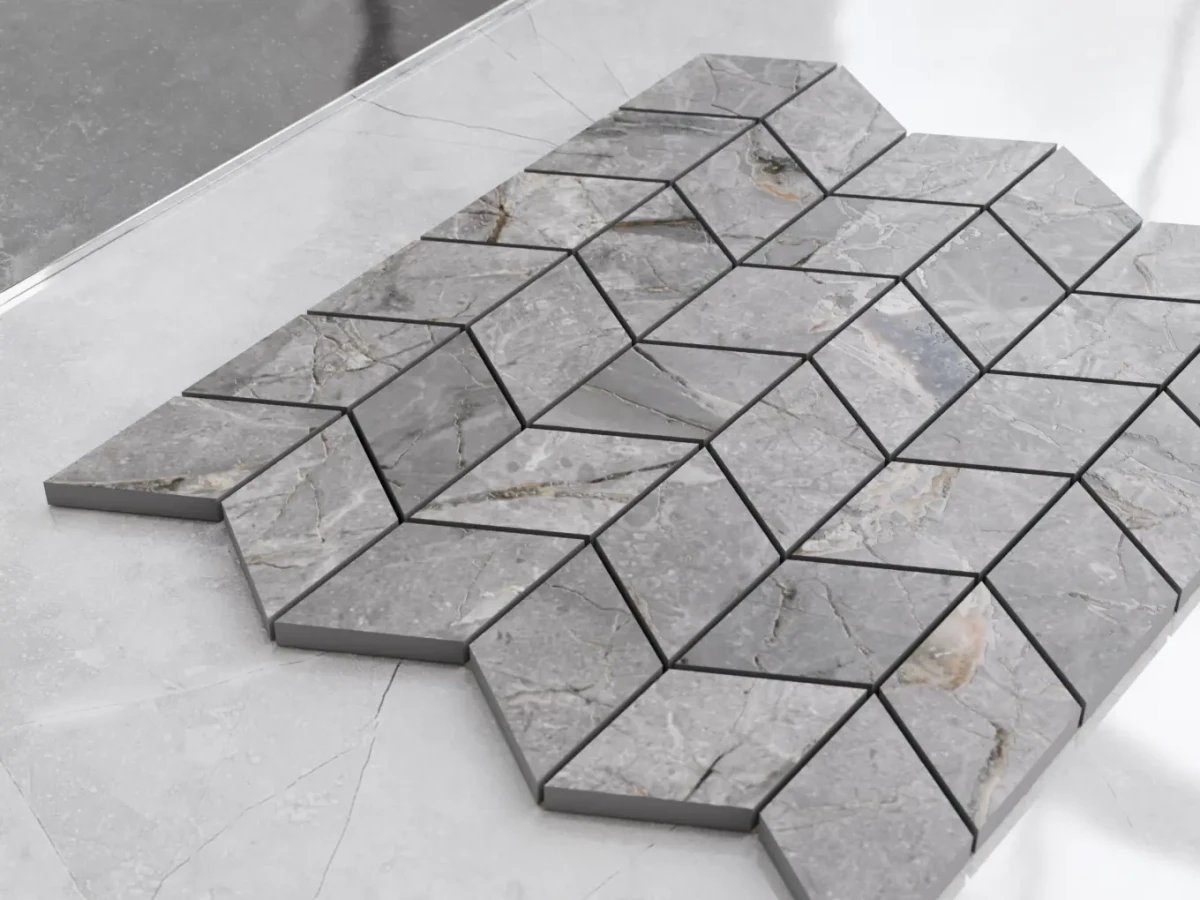MOZAIKA GRESOWA CHEVRON ROMB LUX GREY CARVING – dekoracyjne do wnętrz – Szklane Mozaiki