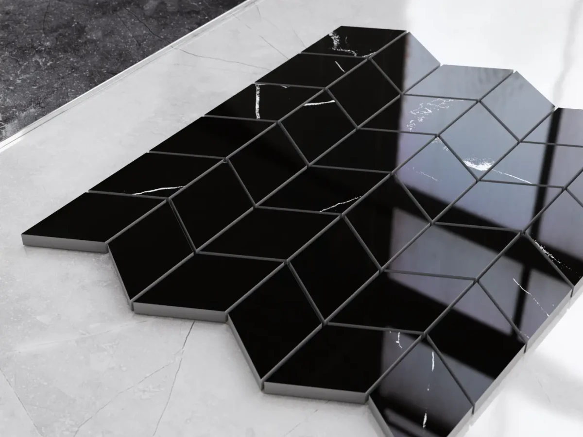 MOZAIKA GRESOWA CHEVRON ROMB SETINA MAWROS BLACK POLER – dekoracyjne do wnętrz – Szklane Mozaiki