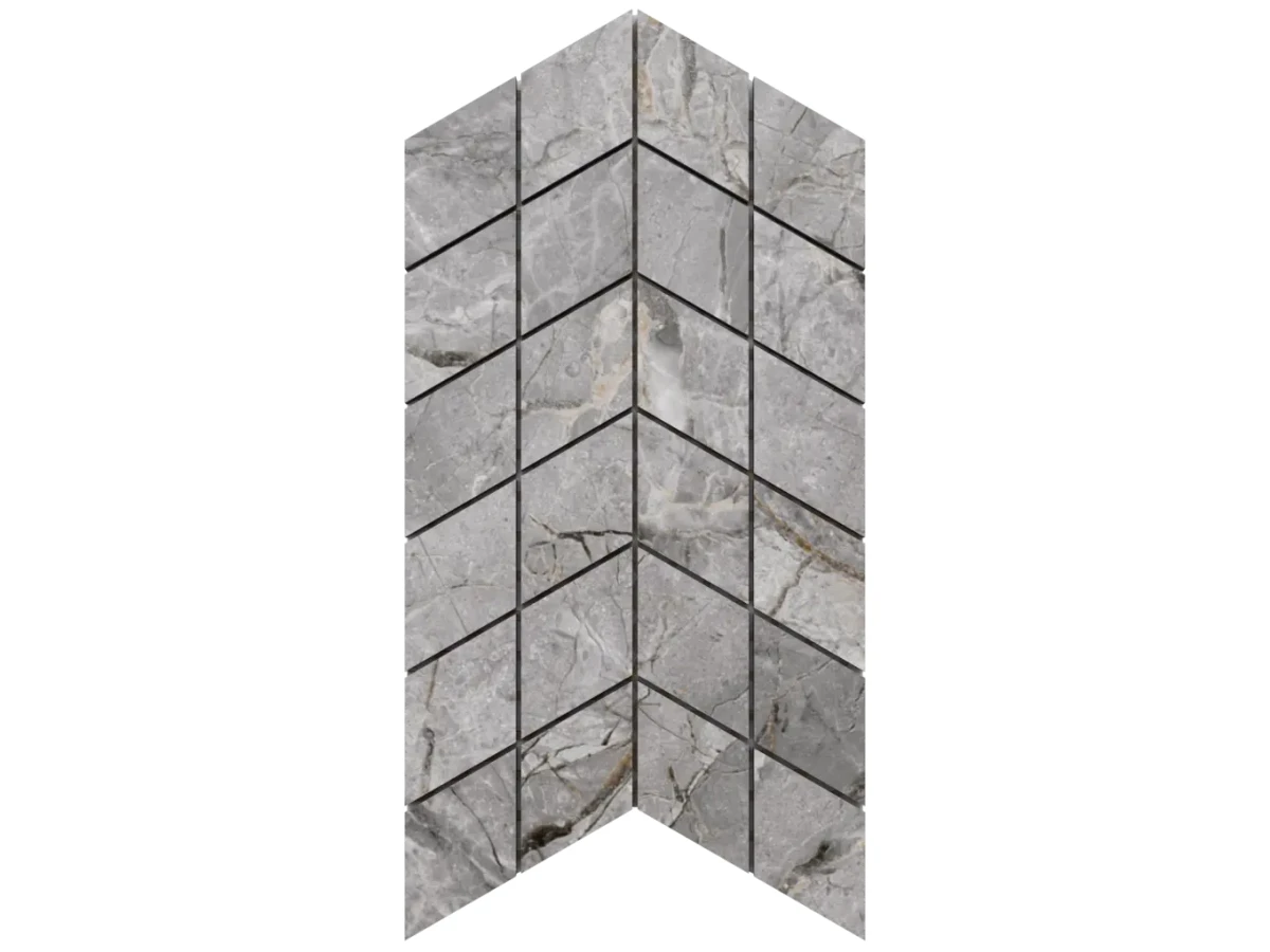 MOZAIKA GRESOWA DOUBLE CHEVRON LUX GREY CARVING – dekoracyjne do wnętrz – Szklane Mozaiki