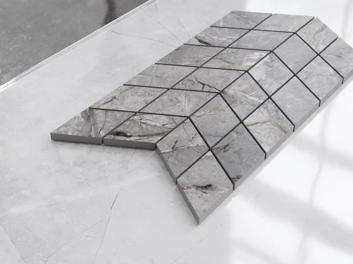 MOZAIKA GRESOWA DOUBLE CHEVRON LUX GREY CARVING – dekoracyjne do wnętrz – Szklane Mozaiki