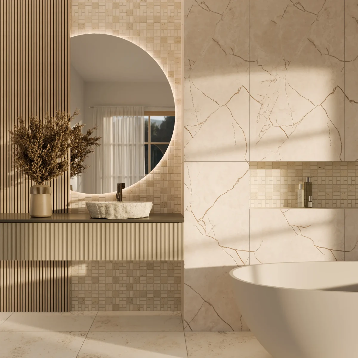 MOZAIKA Z KAMIENIA NATURALNEGO TRAVERTINE PATTERN – dekoracyjne do wnętrz – Szklane Mozaiki