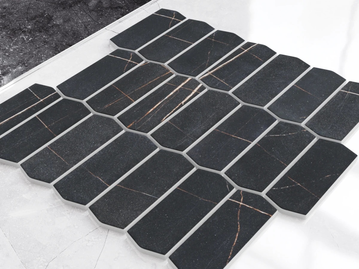 MOZAIKA SZKLANA HEKSAGON LONG SILK BLACK ZERO – dekoracyjne do wnętrz – Szklane Mozaiki