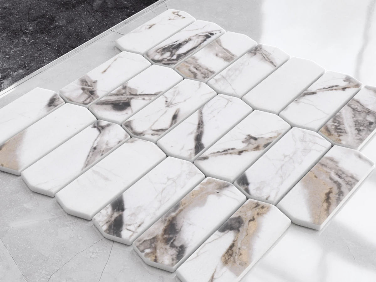 MOZAIKA SZKLANA HEKSAGON LONG SILK MARBLE – dekoracyjne do wnętrz – Szklane Mozaiki