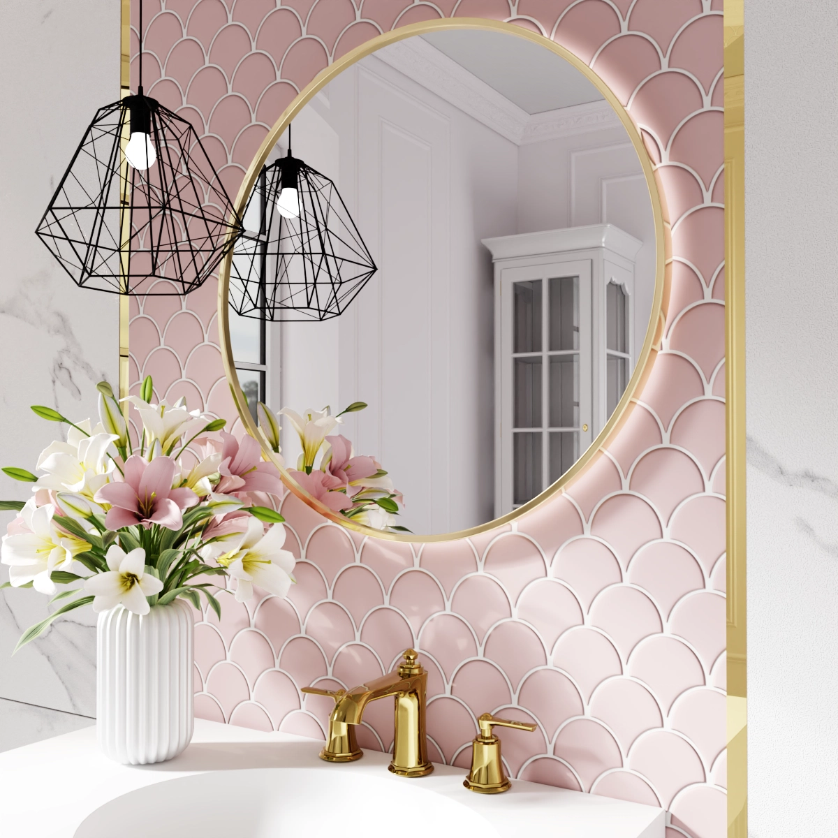 MOZAIKA CERAMICZNA FISH SCALE POWDER PINK ROSE – dekoracyjne do wnętrz – Szklane Mozaiki