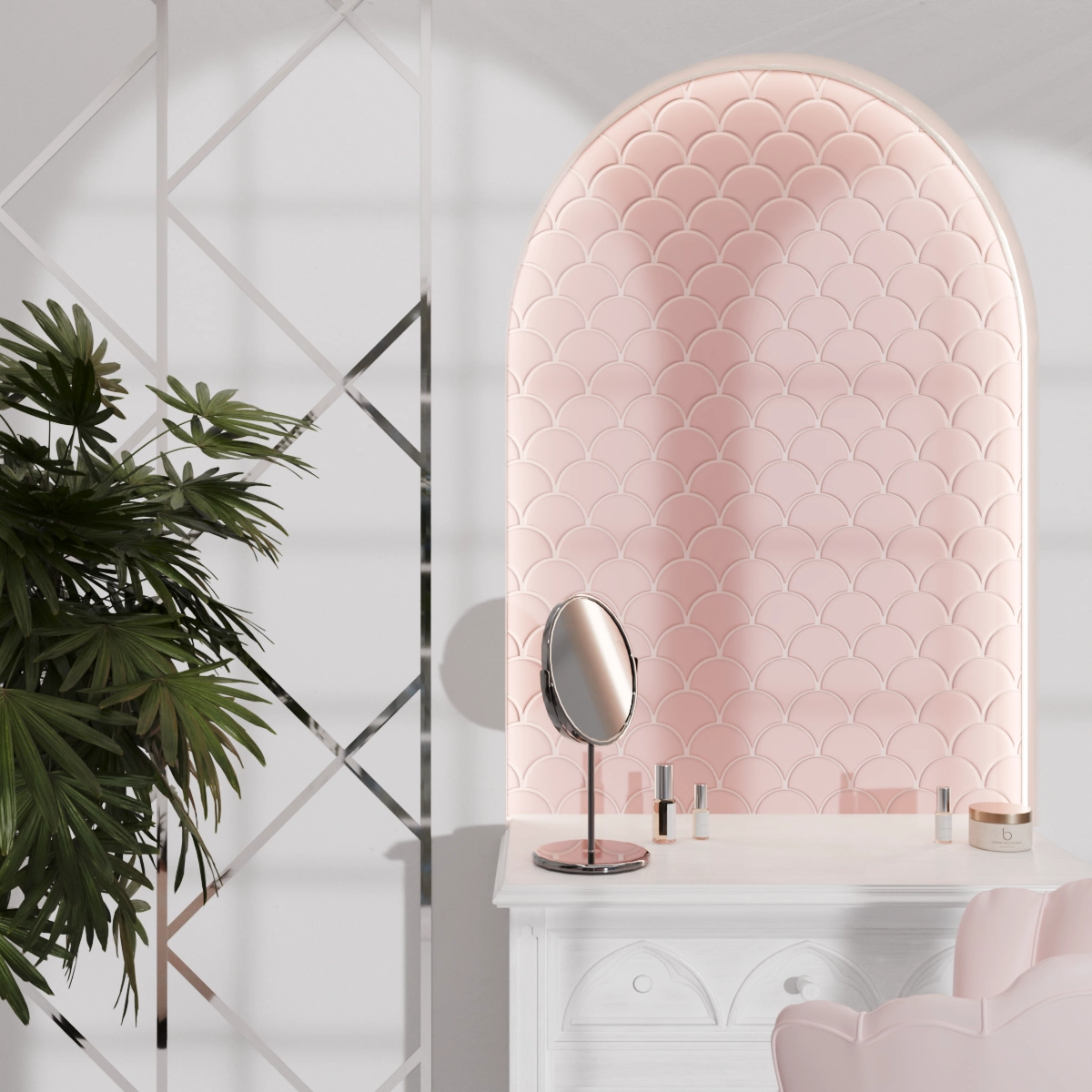 MOZAIKA CERAMICZNA FISH SCALE POWDER PINK ROSE – dekoracyjne do wnętrz – Szklane Mozaiki