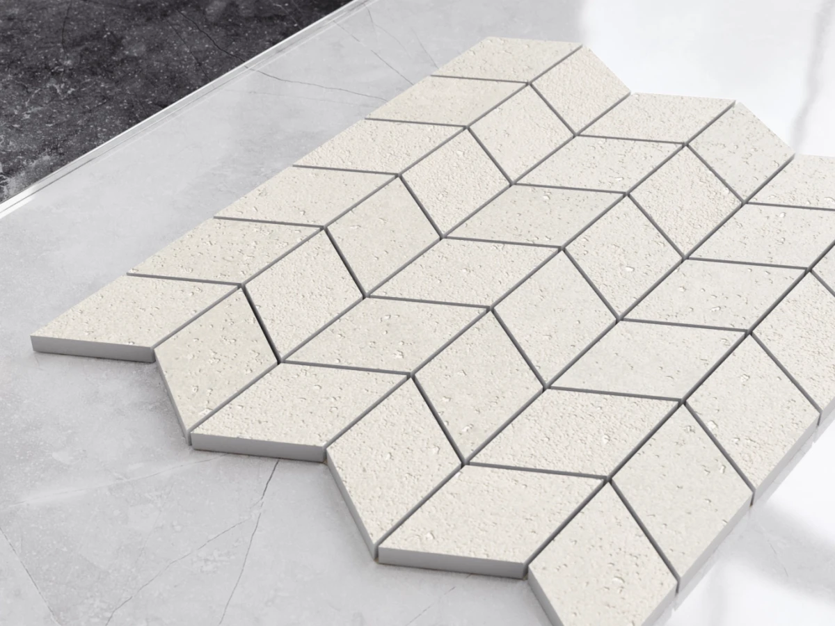 MOZAIKA GRESOWA CHEVRON ROMB PORTO CREMA CARVING – dekoracyjne do wnętrz – Szklane Mozaiki