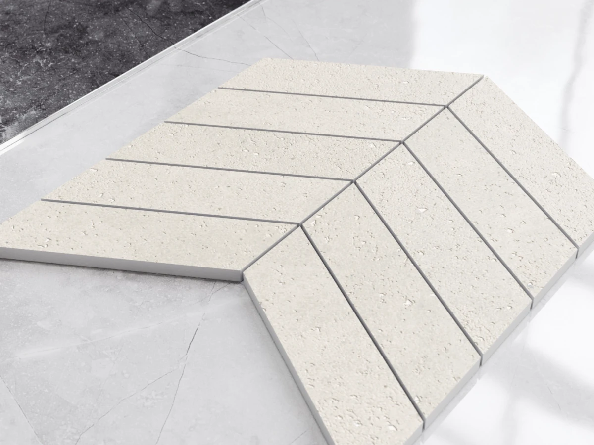 MOZAIKA GRESOWA CHEVRON JODEŁKA PORTO CREMA CARVING  – dekoracyjne do wnętrz – Szklane Mozaiki