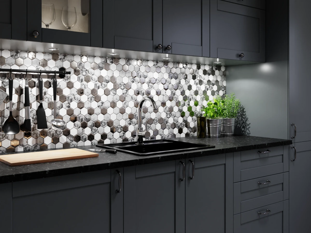 Mozaika ceramiczna Heksagon Volcano Gold White - szklanemozaiki.pl