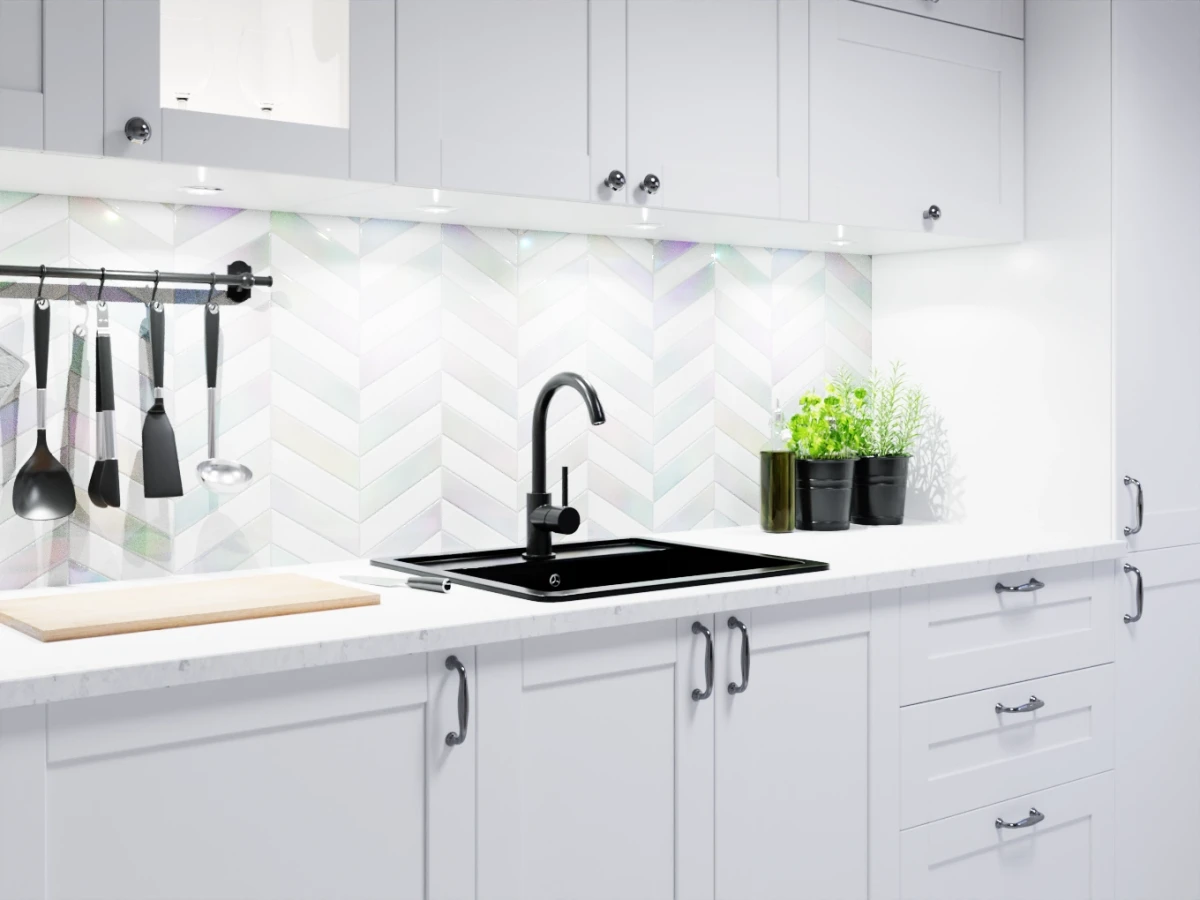 MOZAIKA CERAMICZNA JODEŁKA CHEVRON HOLO WHITE – dekoracyjne do wnętrz – Szklane Mozaiki