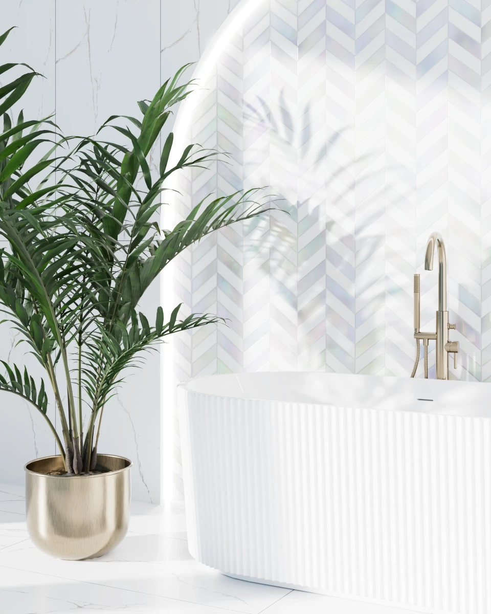 MOZAIKA CERAMICZNA JODEŁKA CHEVRON HOLO WHITE – dekoracyjne do wnętrz – Szklane Mozaiki