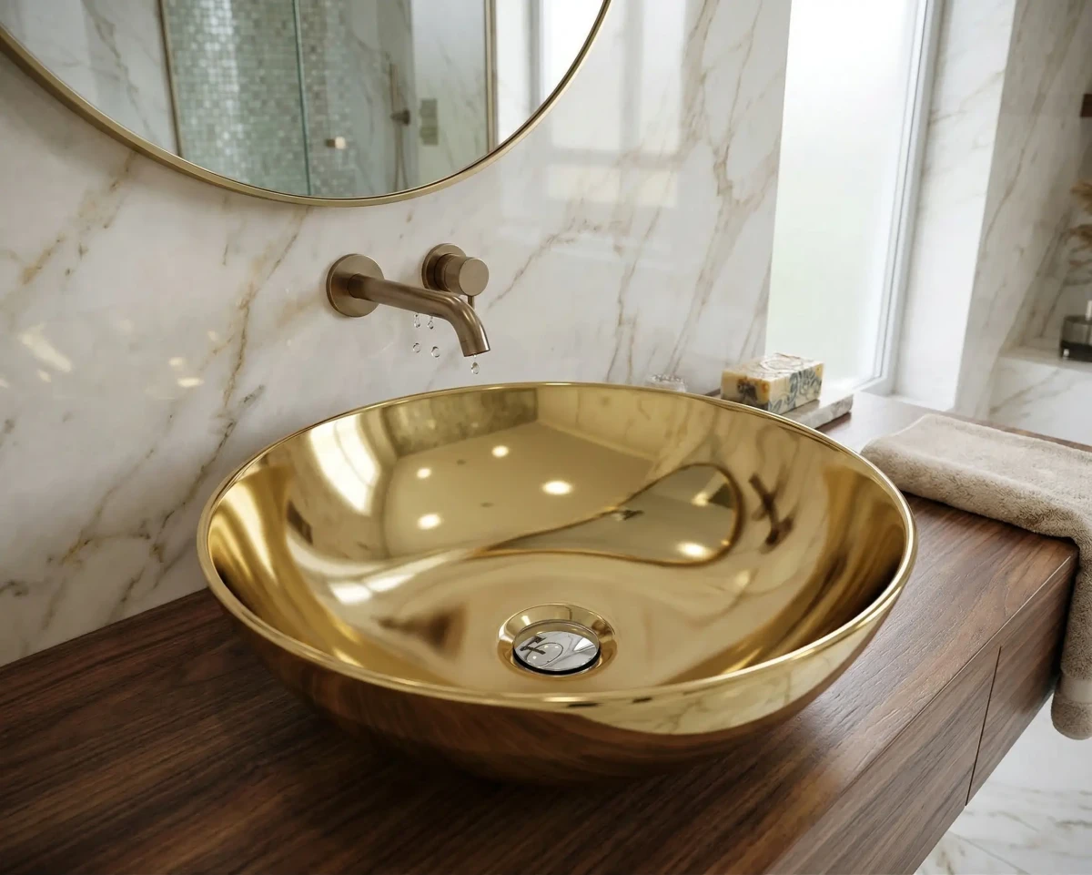 Umywalka nablatowa Narciso Gold 40×40 – złota ceramika