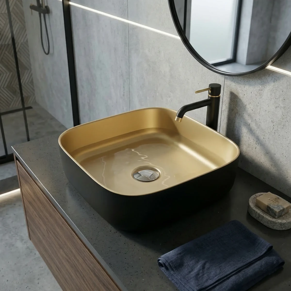 Umywalka nablatowa Folla Mini Gold/Black 39×39 – złoty czarny mat