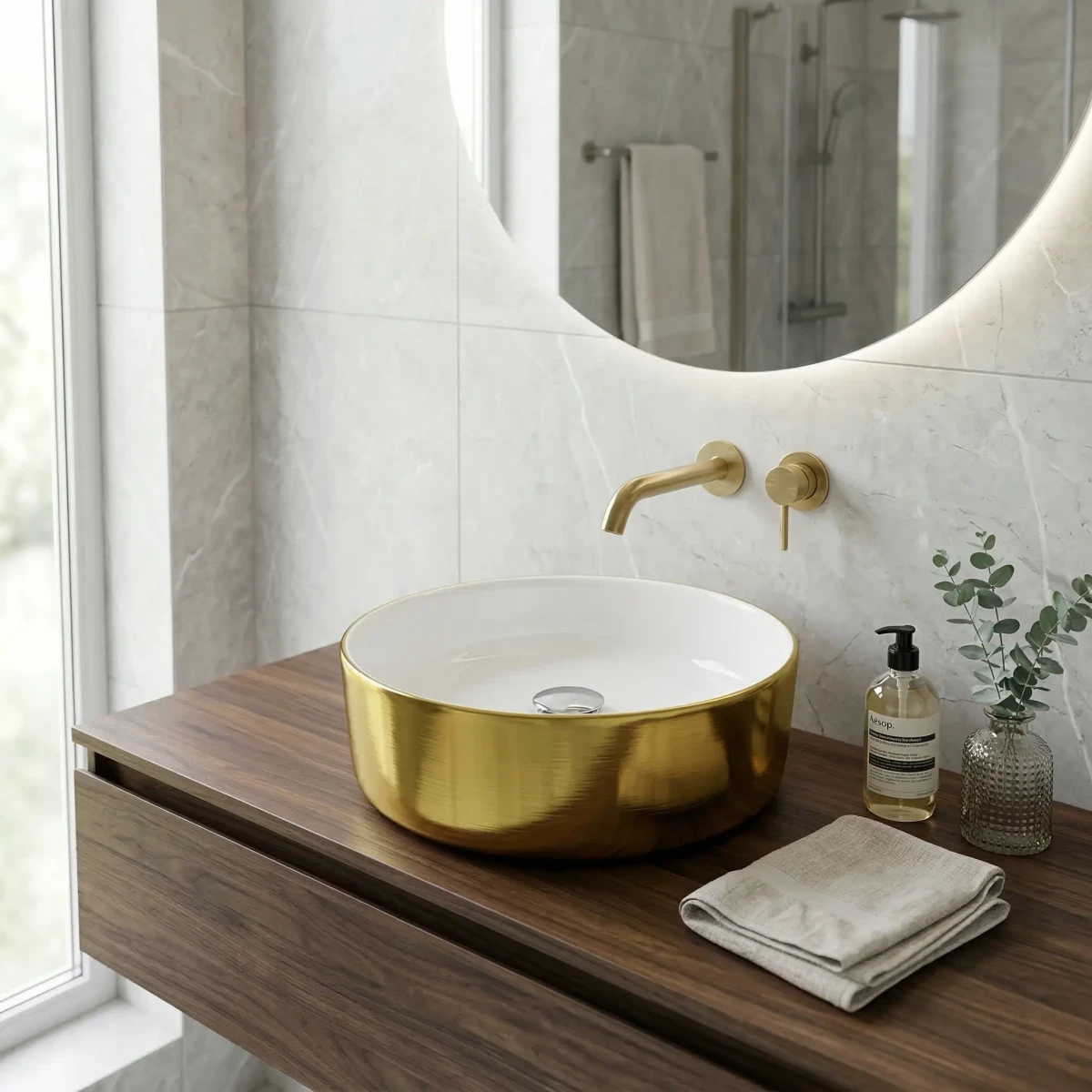Umywalka nablatowa Agua Brushed Gold 37×37 – biała złota