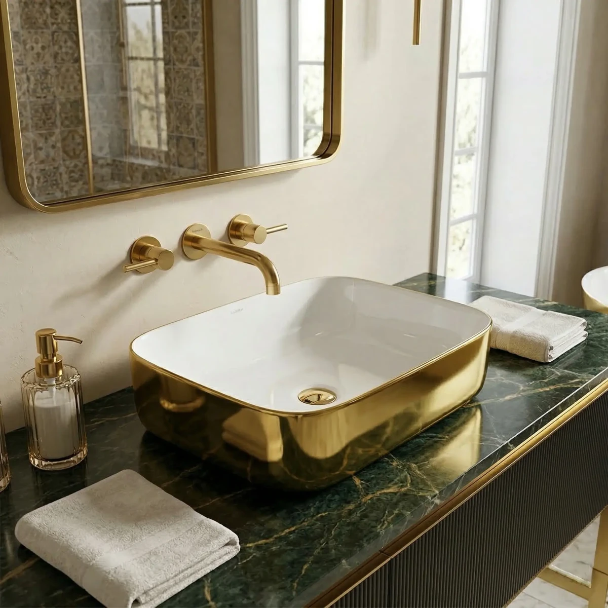 Folla Gold/White – umywalka nablatowa 505×400 złoto/biel
