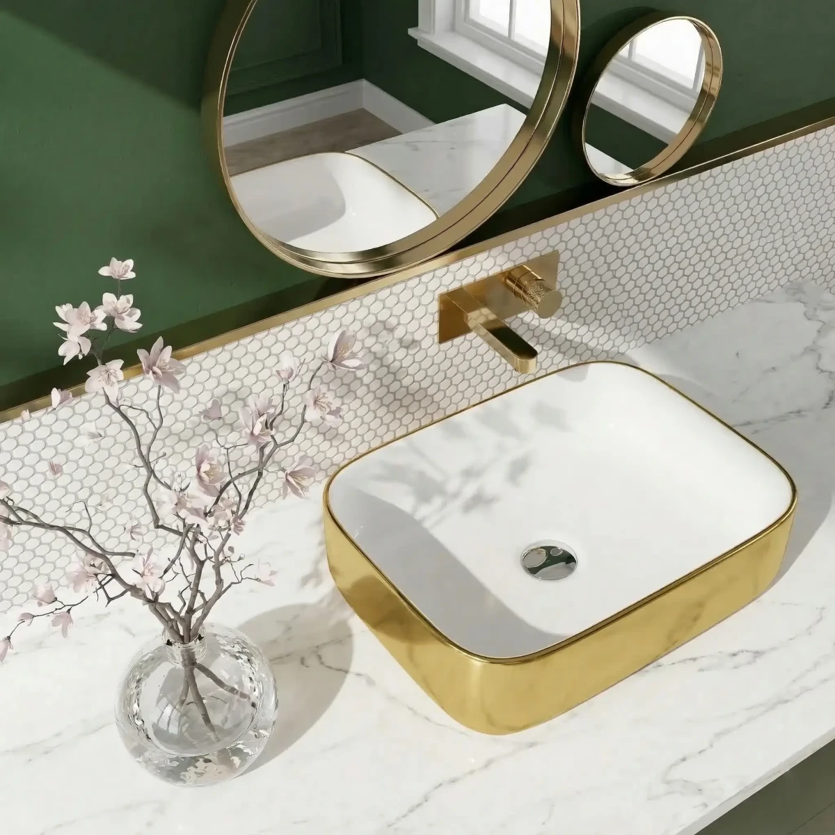 Folla Gold/White – umywalka nablatowa 505×400 złoto/biel