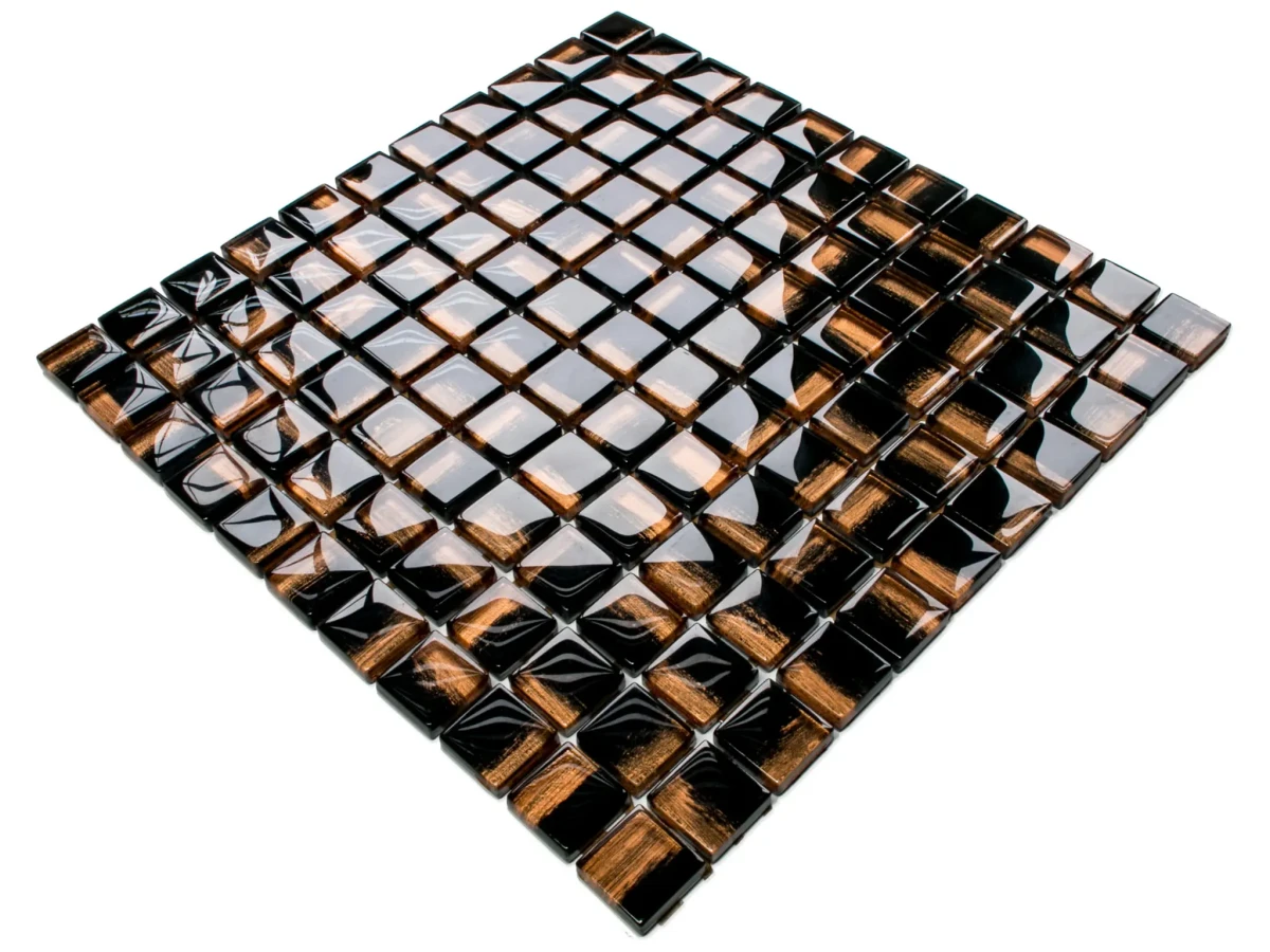 MOZAIKA SZKLANA COPPER NERO CZARNA MIEDZIANA ZŁOTA 30x30cm 8mm – dekoracyjne do wnętrz – Szklane Mozaiki