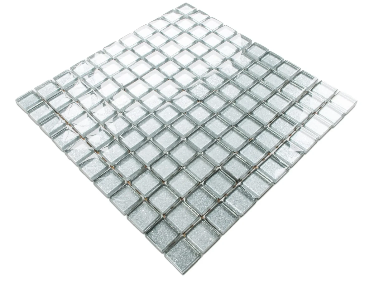 MOZAIKA SZKLANA SREBRNA SILVER BROKAT  30x30cm 8mm – dekoracyjne do wnętrz – Szklane Mozaiki