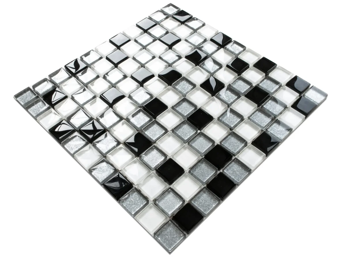 MOZAIKA SZKLANA NERO SILVER WHITE MIX (CZARNA SREBRNA BIAŁA) 30X30CM – dekoracyjne do wnętrz – Szklane Mozaiki