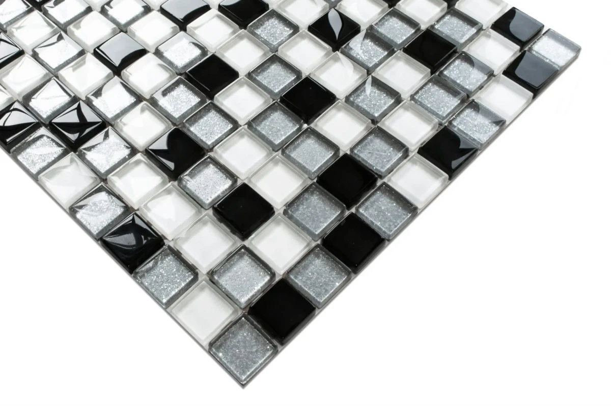 MOZAIKA SZKLANA NERO SILVER WHITE MIX (CZARNA SREBRNA BIAŁA) 30X30CM – dekoracyjne do wnętrz – Szklane Mozaiki