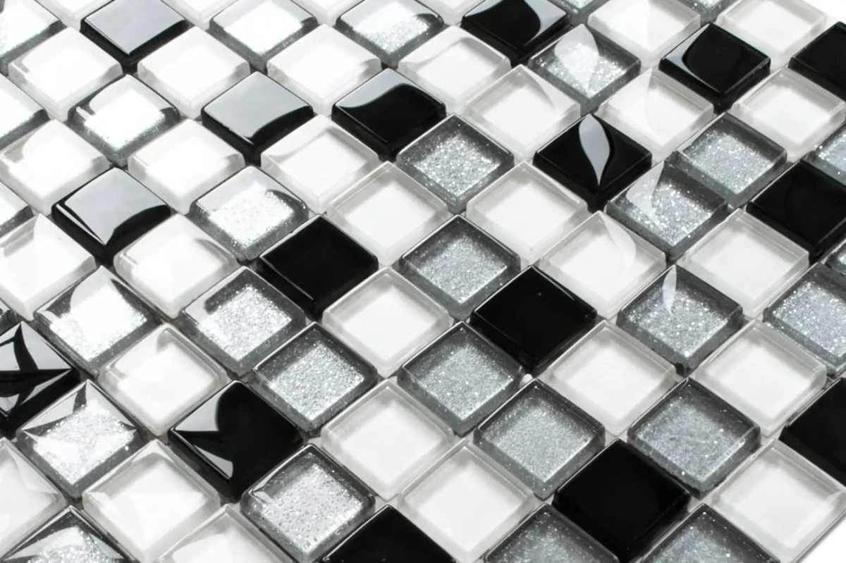 MOZAIKA SZKLANA NERO SILVER WHITE MIX (CZARNA SREBRNA BIAŁA) 30X30CM – dekoracyjne do wnętrz – Szklane Mozaiki