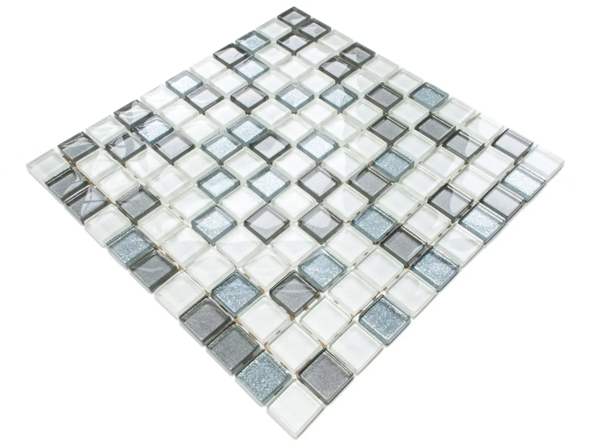 MOZAIKA SZKLANA BIAŁA PERŁA SILVER  BROKAT 30x30 – dekoracyjne do wnętrz – Szklane Mozaiki