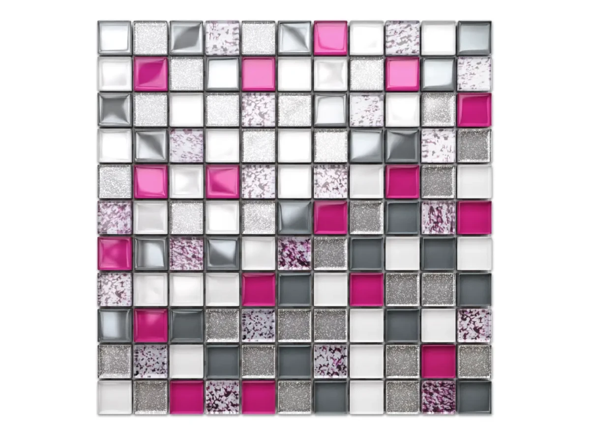 MOZAIKA SZKLANA FIOLET MAZIAJE PERŁA SZARA PIWONIA SILVER BROKAT 30x30cm – dekoracyjne do wnętrz – Szklane Mozaiki