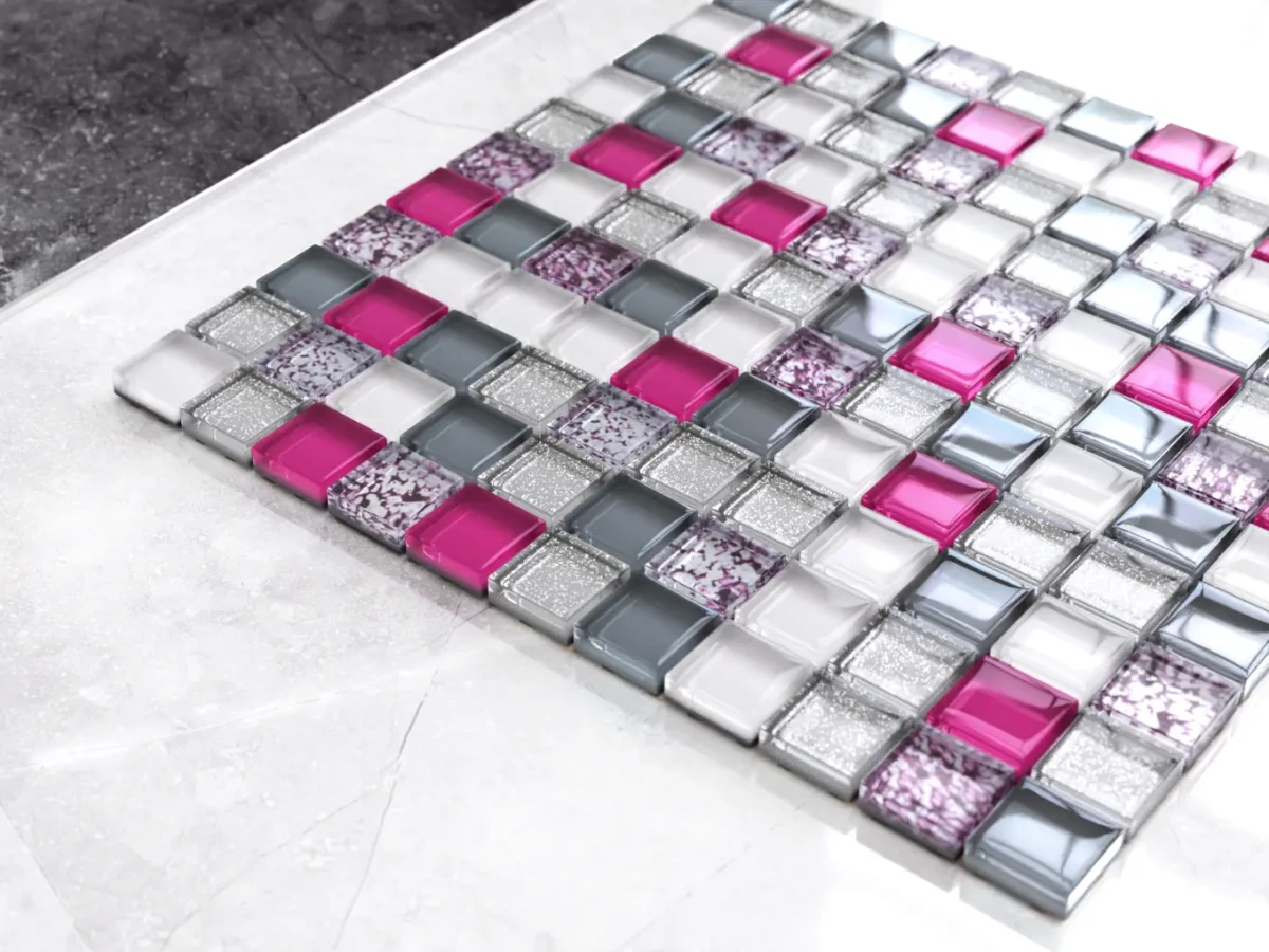 MOZAIKA SZKLANA FIOLET MAZIAJE PERŁA SZARA PIWONIA SILVER BROKAT 30x30cm – dekoracyjne do wnętrz – Szklane Mozaiki