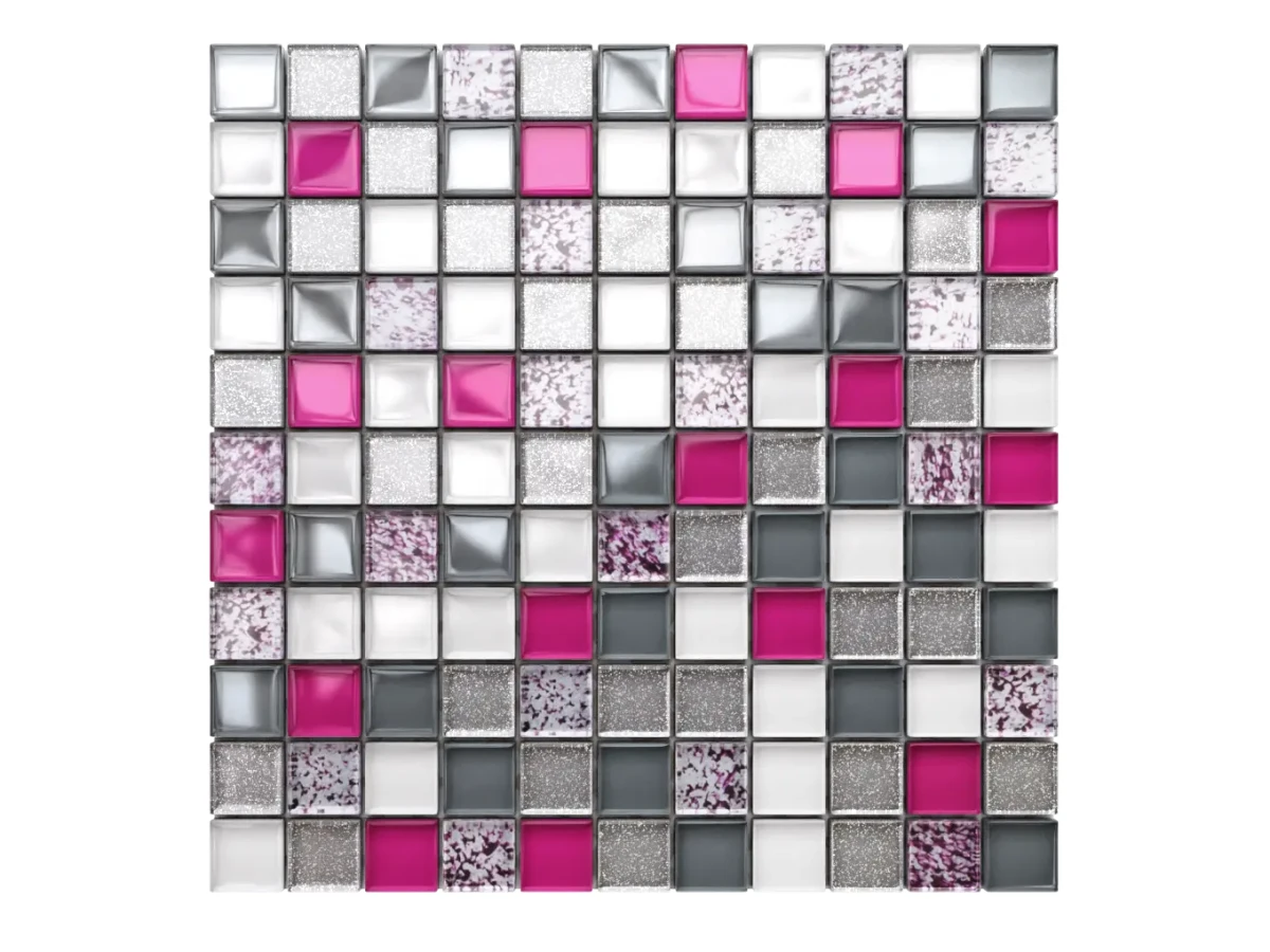 MOZAIKA SZKLANA FIOLET MAZIAJE PERŁA SZARA PIWONIA SILVER BROKAT 30x30cm – dekoracyjne do wnętrz – Szklane Mozaiki
